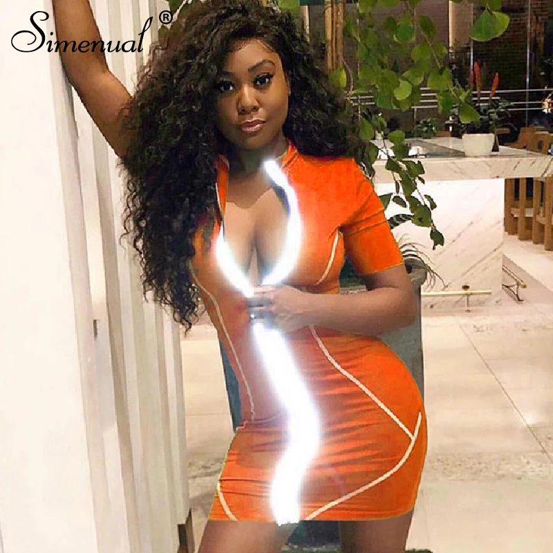 

Simenual Reflective Zipper Sexy Women Dress 2019 Autumn Short sleeve Bodycon Dresses Fashion Patchwork Solid Skinny Mini Derss