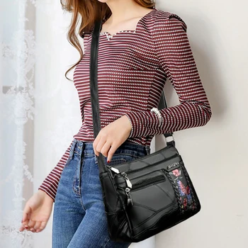 

New Fashion Women Crossbody Package Middle-aged Female Bag Black Soft Leather Shoulder Bags Casual Messenger Bags