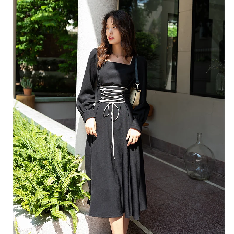 Anglo-American make small video party led show thin clavicle accept waist autumn long-sleeved dress French wind restoring ancien