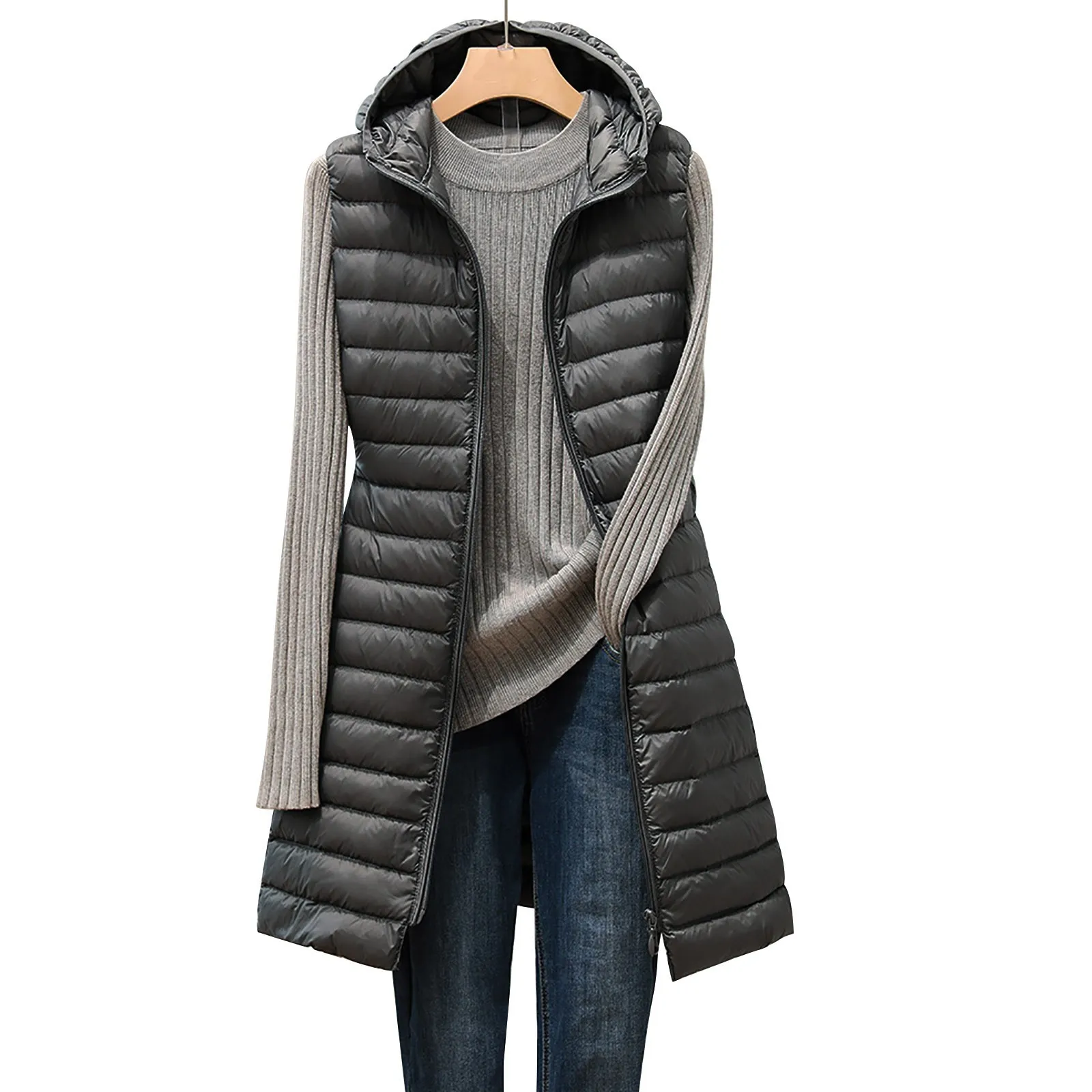 Women's Hooded Vest Jacket New Autumn Winter Warm Sleeveless Jackets Ladies Casual Lightweight Mid-length Hooded Down Vest 2