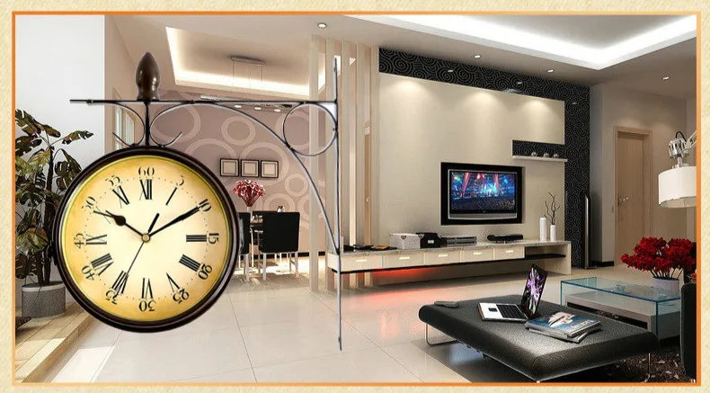 Retro Double Sided Wall Clock Mechanism  Living Room Office Home Decoration  Silent Needle Quartz Wall Watch Decor Moderne Salon