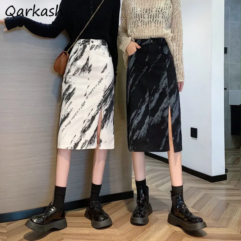 

Skirts Women Tie Dye Design Side-slit Simple Leisure Empire Harajuku Female Stylish Newest Vintage Ulzzang Tender Elegant Trendy