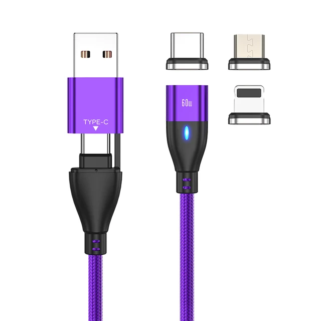 AUFU 6 in 1 60W PD Fast Charger Cable USB C To Type C Micro Magnetic Data Cables for iPhone Charging Wire for Macbook laptop Purple with 3plugs