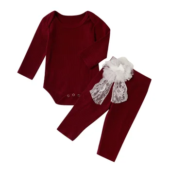 

2pcs/set Infrant Baby Kids Toddler Lace Stitching Long Sleeve Sweater Round Collar Casual Tops + Pants Clothes