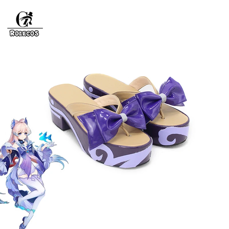 

ROLECOS Game Genshin Impact Kokomi Cosplay Shoes Sangonomiya Kokomi Women Wooden Geta Clogs Shoes High Heels Bow Cosplay Shoes