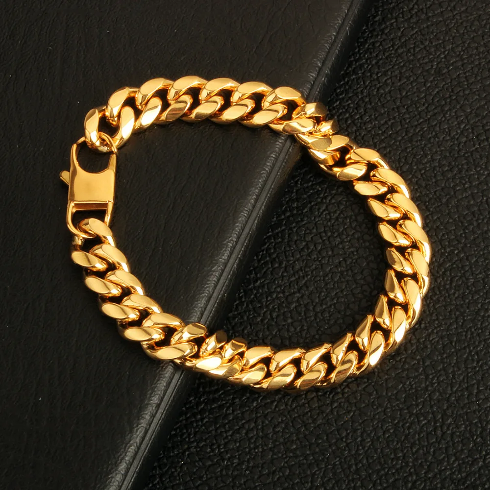 10 мм ширина мужской хип-хоп золотой тон из нержавеющей стали, ожерелье или браслет из нержавеющей стали с цепочкой для бордюра, 7-40 дюймов