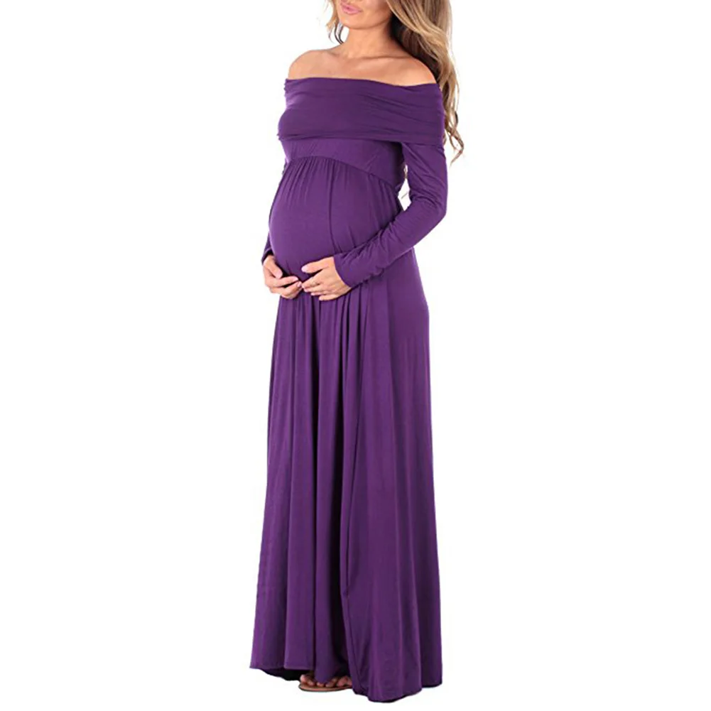 

2019 New Autumn Maternity Women Dress Pregnancy Dress Mama Clothes Full Sleeve off shoulder Plus Size Maxi Gown Women Clothes