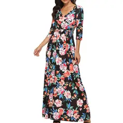 Элегантное женское платье с цветочным принтом, свободное платье с рукавом три четверти, осеннее платье с v-образным вырезом, богемное