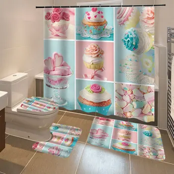 

4 Pcs Shower Curtain/Bath Mat/Toilet Pad Set Waterproof Bathroom Shower Curtain Toilet Cover Mat Non-Slip Floor Mat Rug 12 Hooks