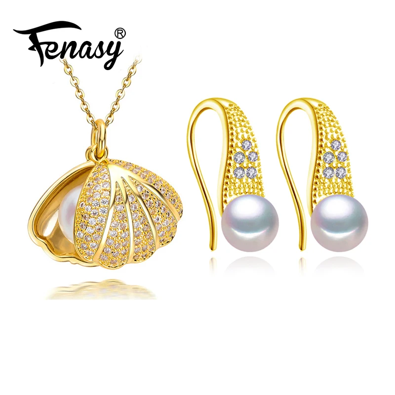 FENASY 925 Ювелирные наборы из стерлингового серебра натуральный жемчужный кулон ожерелье с раковинами модные корейские серьги золотого цвета