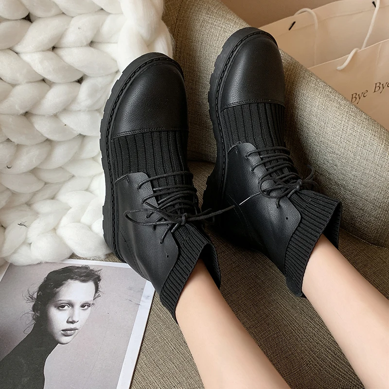 Г. bottines pour les femmes, вязаные осенне-зимние женские ботинки на шнуровке Нескользящие ботильоны для женщин с круглым носком на шнуровке