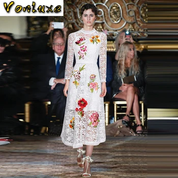

Runway Dresses Women High Quality Elegant Vintage Retro Floral Embroidery Black White Lace Long Sleeve A-Line Ladies Maxi Dress