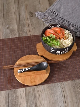 

Japanese cuisine sakura tableware Korean cherry retro soup rice bowl tray black ceramic bowl with covered spoon chopsticks set