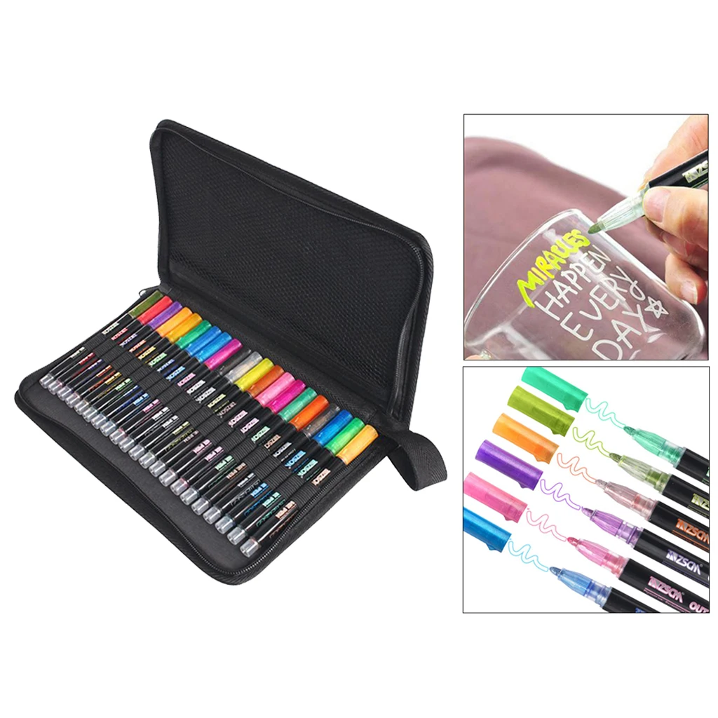 Outline Metallic Marker Pens 21 Colors Double Line Paint Permanent Marker Pens