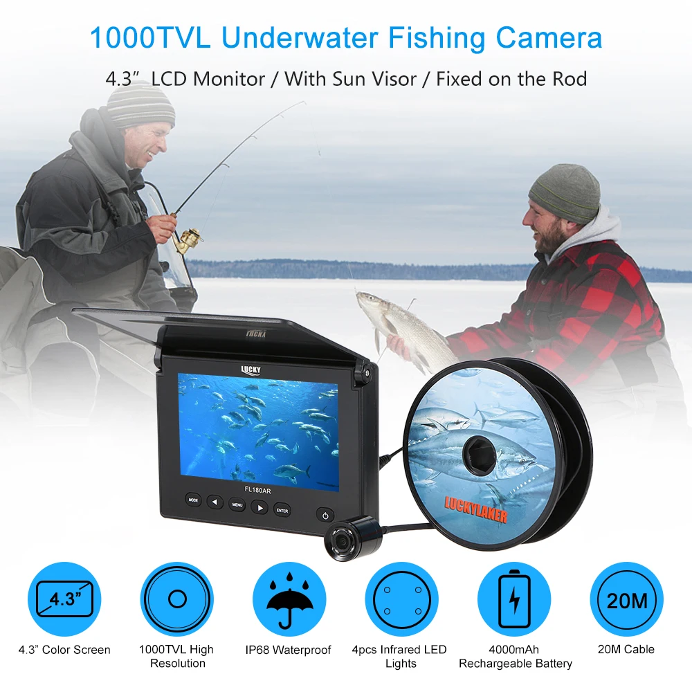 

20M 1000TVL Fish Finder Underwater Ice Fishing Video Camera 4.3" LCD Monitor LED Night Vision Fishing Camera Fishing Finder