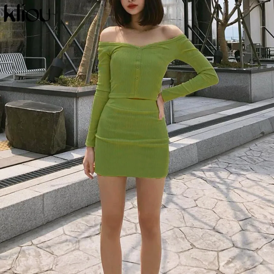 

kliou Autumn hot new single shoulder single-breasted long-sleeved bag hip skirt suit waist shirt + mini skirt suit