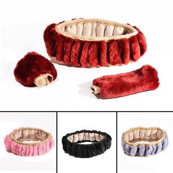 

3Pcs Soft Plush Spring Steering Wheel Cover Kit With Stop Lever+Hand Brake Wool Cover Winter Warm Auto Car Interior Accessory