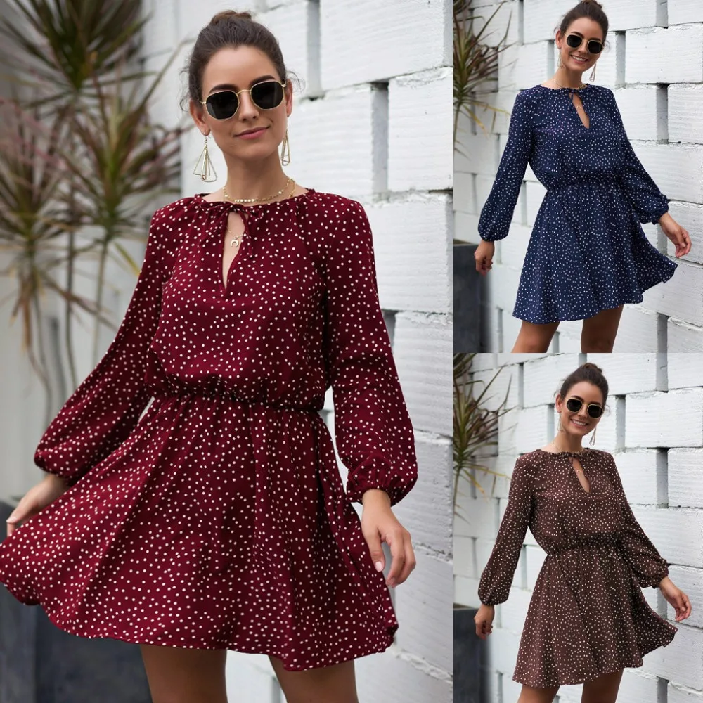 Boho style женское платье с принтом в горошек, с открытой шеей, с пятнистым поясом, с длинным рукавом, средней длины, для женщин, Осеннее сексуальное элегантное платье с круглым вырезом