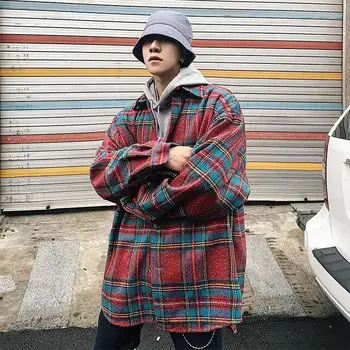 

Men Streetwear Plaid Wool Coats 2020 Mens Harajuku Vintage Korean Style Jackets Coats Male Hip Hop Jackets Windbreaker