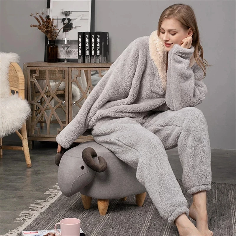 Fleece Pajama Set Women's Solid Long Sleeve Winter Terry Ladies Pijama Suit 2 Pcs with Pants Thick Warm Home Clothes Female | Женская