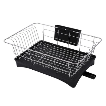 

Stainless Steel Dish Drainer Drying Rack With 3-Piece Set Removable Rust Proof Utensil Holde For Kitchen Counter Storage Rack Bl