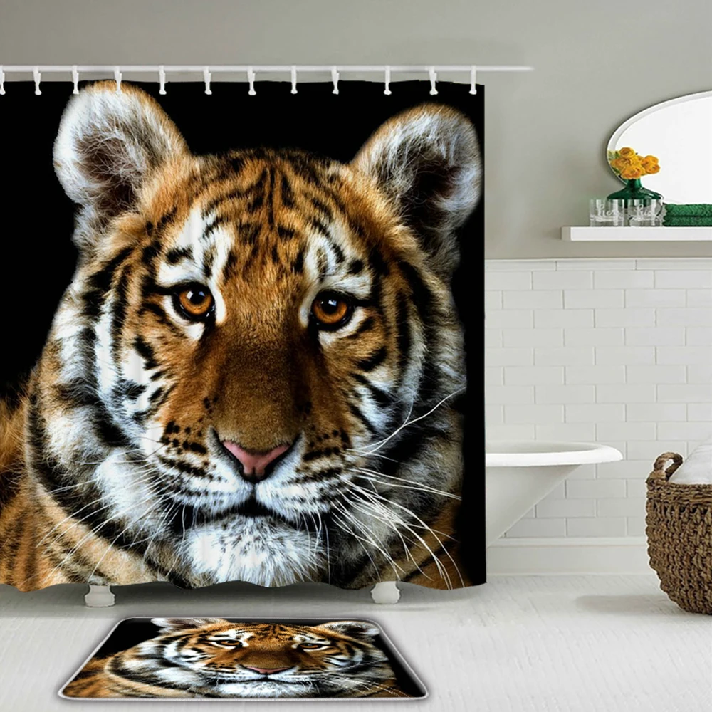 

Animal 3D HD Printed Fabric Shower Curtains Waterproof Bathroom Curtain Set Tiger lion Wolf With Non-Slip Rugs Toilet Bath Mat