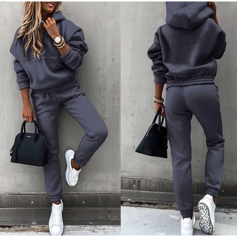 Women Hoodies Suit Sweatshirt Long Sleeve Hooded Pullover Top+Warm Sports Pants 2 Piece Set Urban Casual Outfit Sportswear ladies pant suits