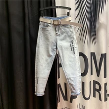 Повседневные джинсы женские зима супер огонь персонализированные печатные буквы мыть Гарлем-брюки европейский