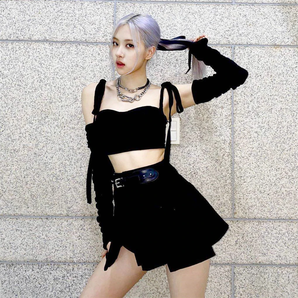 Kpop Korea ROSE Dance Show Black Bow-Knot Lace-Up Camisole Tube Top+Irregular Sexy High Waist Mini Skirts Women 2 Piece Outfits