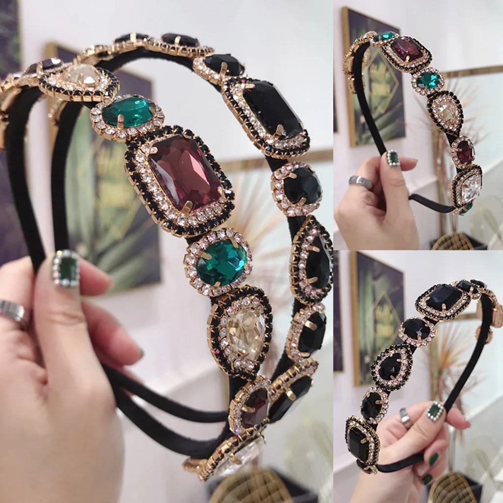 

Women Hairband Crown Full Rhinestone Handmade Hair Bands Red Crystal Velvet Wide Hoop Headband Wedding Hair Jewelry