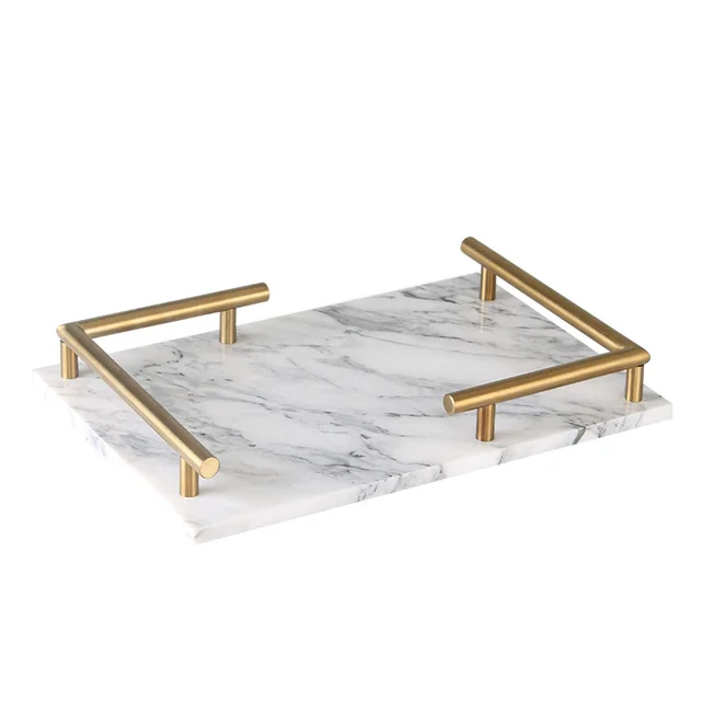 Márvány És Sárgaréz Tea Tálca Fürdőszoba Kozmetikai Polc Gyümölcs/ Tészta Tányér Téglalap Kreatív Tároló Szervezet Arany Fogantyú - Image 6