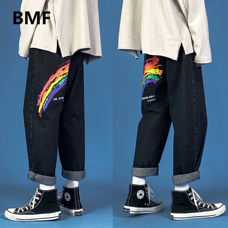 2020 Fashion Rainbow Print Straight Leg Jeans For Men Clothing Korean Style Kpop Clothes Streetwear Black Denim Pants Male 2020 Fashion Rainbow Print Straight Leg Jeans For Men Clothing Korean Style Kpop Clothes Streetwear Black Denim Pants Male