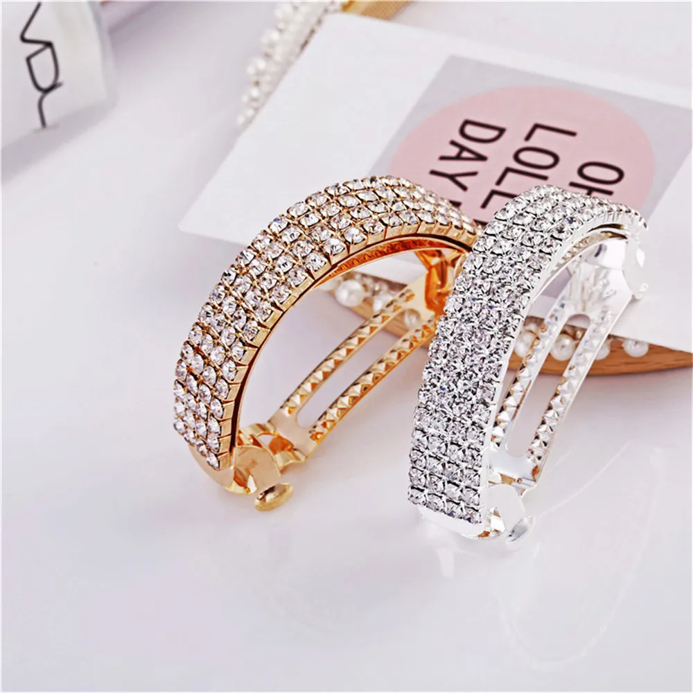 Fashion Golden Silver Alloy Barrettes Shiny Crystal Strong Spring Hair Clip For Women Ponytail Tail Holder Hair Accessories butterfly hair clips