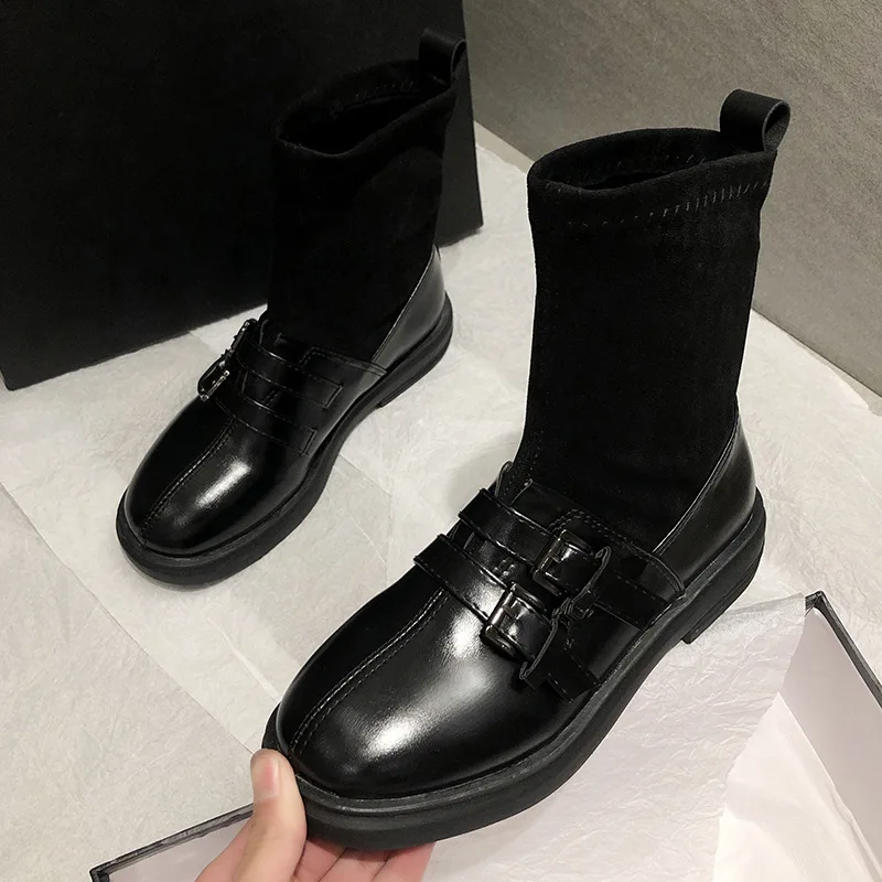

2019 New Women Double Buckle Autumn Ankle Boots Ladies Classic Comfort Slip on Low Heels Female Fashion Flock Black Martin Shoes