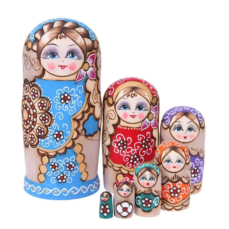 10 шт./компл. Детский свитер с рисунком пингвина русский Matryoshka куклы деревянная матрешка игрушка в подарок - Цвет: 7pcs Girls D