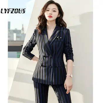 

Elegant Striped Two Piece set Women Office Suit Collar Coat And Trousers 2 Piece Sets Slim fashion Women Pant Suits Sets