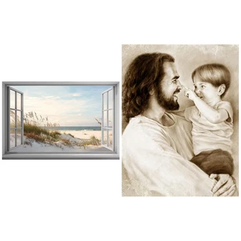 

2 Set DIY Diamond Painting Embroidery Needlework Pattern Decorative, Religion Jesus Boy & Beach Outside the Window