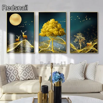 

Nordic Golden Fortune Tree diamond Painting Elk Bird diamond embroidery mosaic Abstract Mural Bedroom Hotel 3 Pcs TT2611