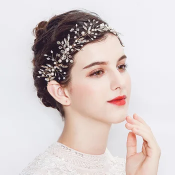 

Bridal Hairbands Wedding Hair Accessories Pearls Leaves Headdress Handmade Silver Crystal Pearl Women Hair Ornaments TS157