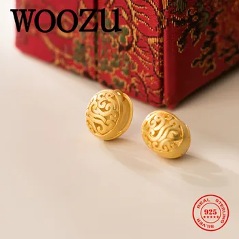 

WOOZU New Retro Ethnic Hollow Flower Hoop Earrings for Women Real 925 Sterling Silver Frosted Gold Bohemian Fine Party Jewelry