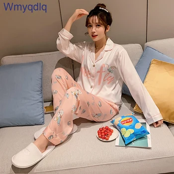 

Wmyqdlq Pajamas Set Female Cartoon Printing Ice Silk Sleepwear Thin Long-Sleeved Home Service Simple Cute Ladies Pyjamas