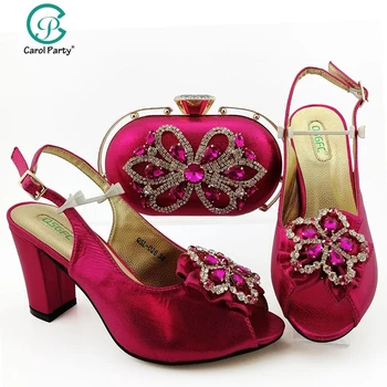 

Italian Shoe With Matching Bag For Party With Stones Wedding Shoes And Bag Set High Quality Women Pumps Fuchsia color PU leather