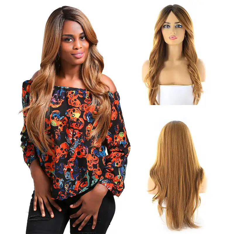 Brown Blonde Synthetic Hair Wigs Straight Long Lace Wig With Bangs