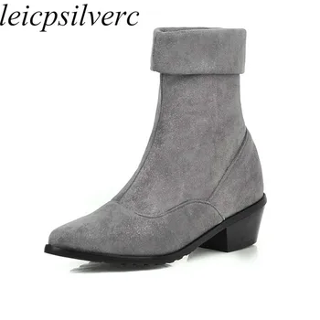 

Women's Boots Autumn Winter Med Heel Warm Flock Pointed Toe Slip on Ankle Stretch Boots 2019 New Sexy Fashion Black Beige Gray