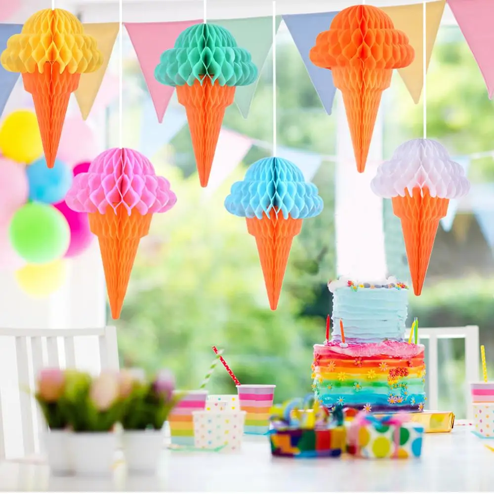 Ice Cream Summer Party Decoration Honeycomb Hanging Decor Boy Birthday Baby Shower Tropical Hawaiian Ice Cream Banner Supplies