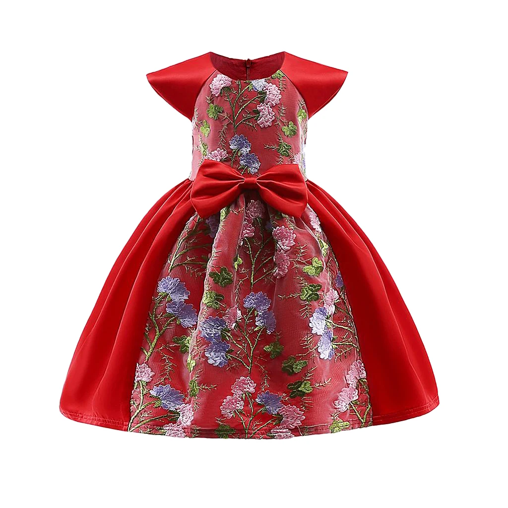 Floral Embroidery Red Satin Dress Princess Pageant Formal Dress for Girls Toddlers
