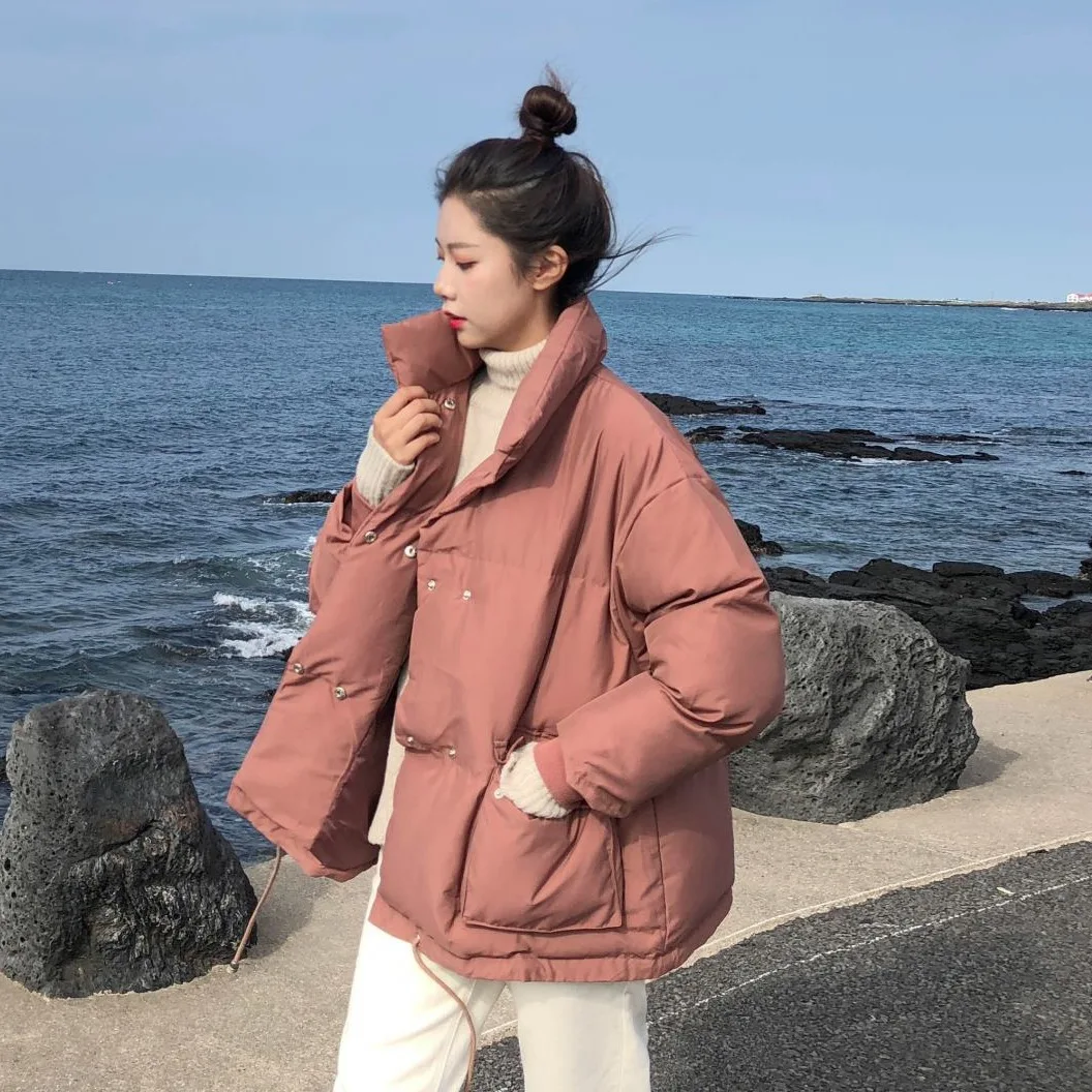 

Photo Shoot CHIC Simple Bean Stand Collar Double Breasted Drawstring Waist Hugging Short-height down Coat Women Coat Cropped Jac
