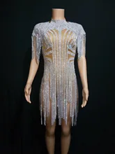 

Bling Silver Rhinestones Fringes Bodysuit Costume Stage Skinny Outfit Female Tassel Leotard Sexy Club Jumpsuits Dance Wear