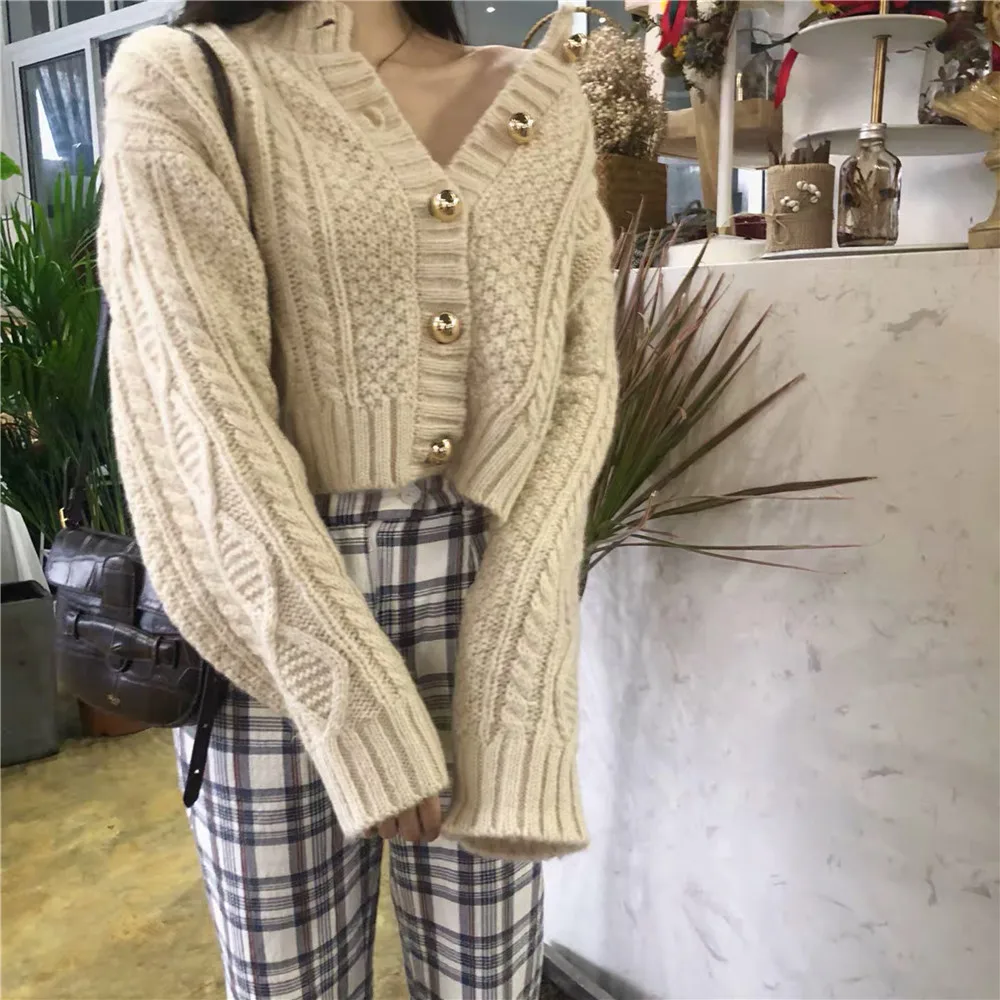 Korea Vintage Elegant New Design Autumn Twist Sweet Women Short Sweaters All Match Brief Loose Cardigans Coats PZ2724