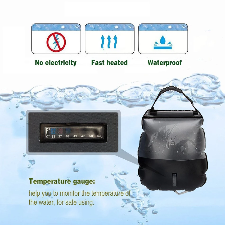 Solar Shower Bag Camping Shower 20L Solar Heating Bag with Removable Hose and On-Off Switchable Shower Head Outdoor Shower Bag